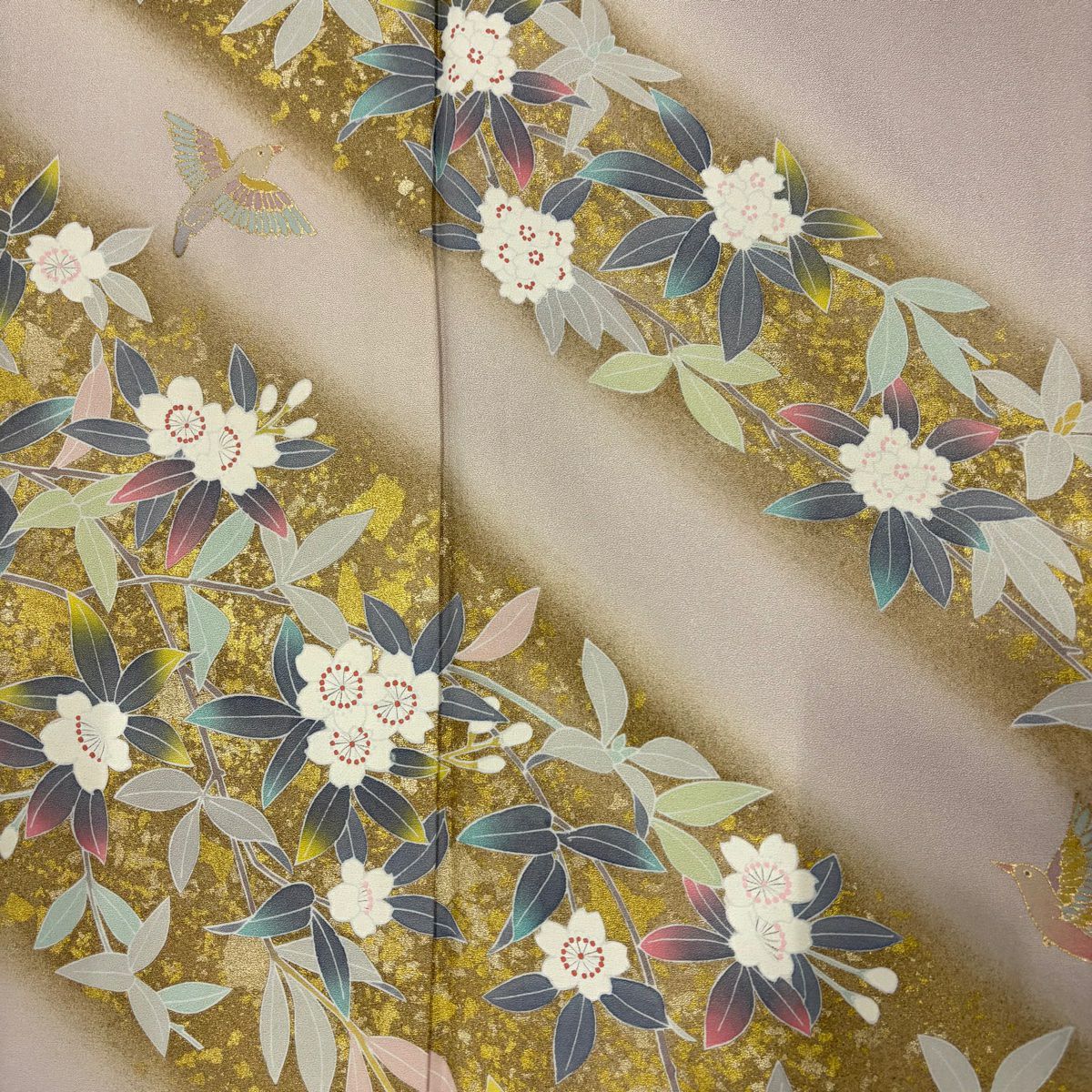 訪問服 身長162.5cm 袖長65cm M 雙層 落款有 櫻花 鳥 金銀彩 粉米色 純蠶絲 優品級