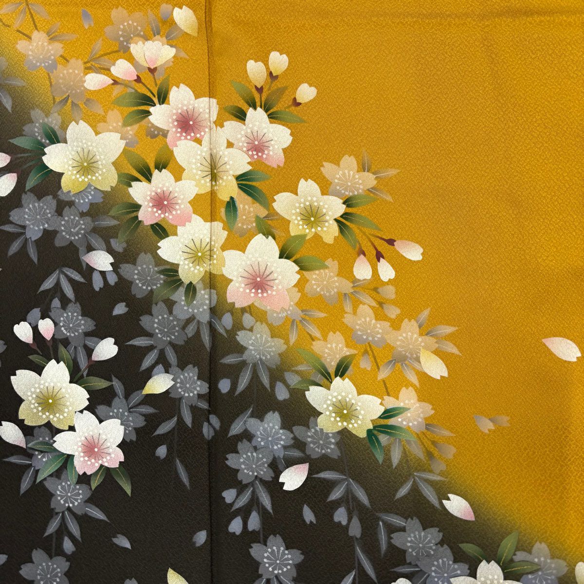 【美品】振袖禮服 身長169cm 袖長68cm L 雙層櫻花染分 ぼかし山吹 純蠶絲 秀品級