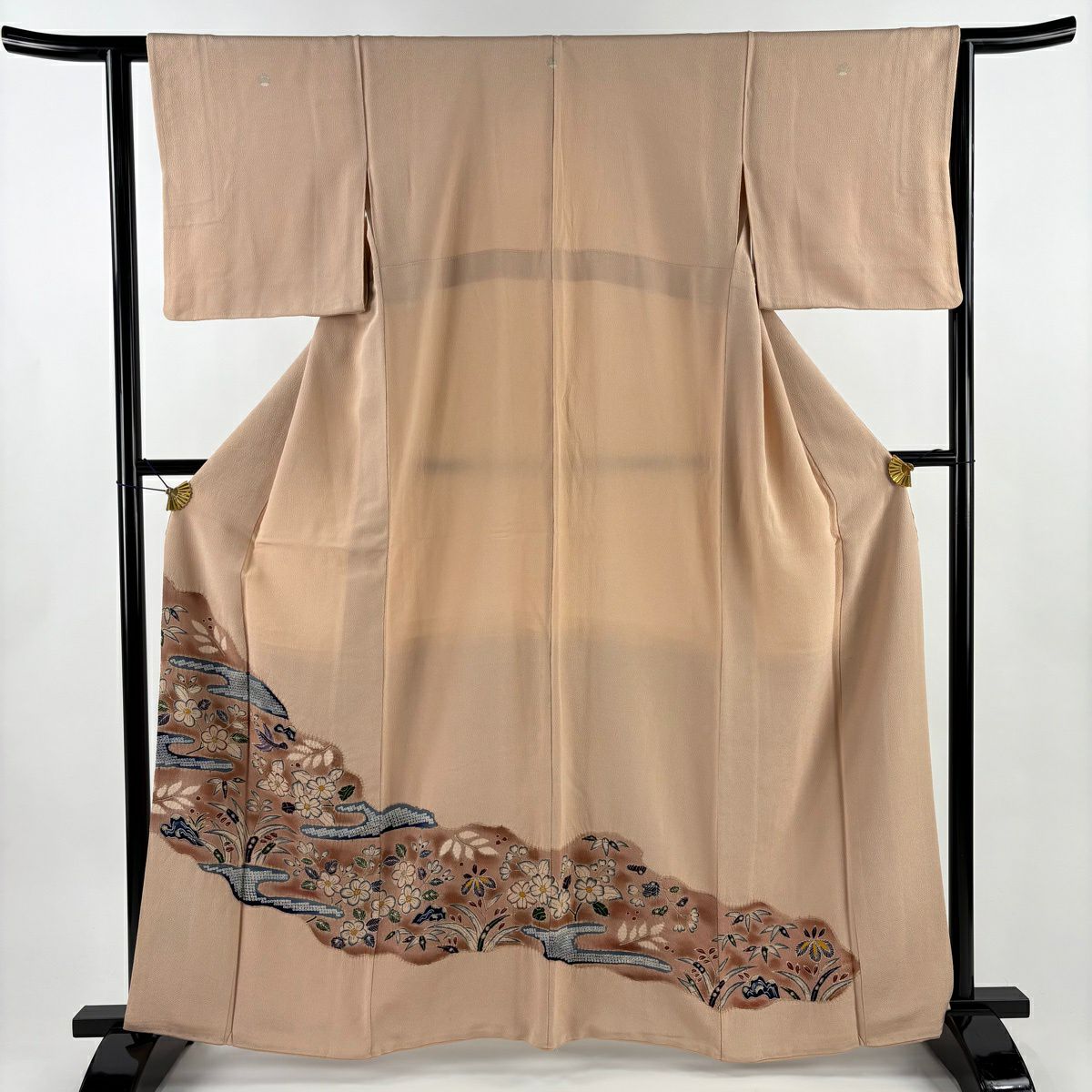 色留袖禮服 身長161.5cm 袖長63cm S 雙層 內襯棉仕立 辻花染 絞染 粉米色 純蠶絲 秀品級 三つ紋