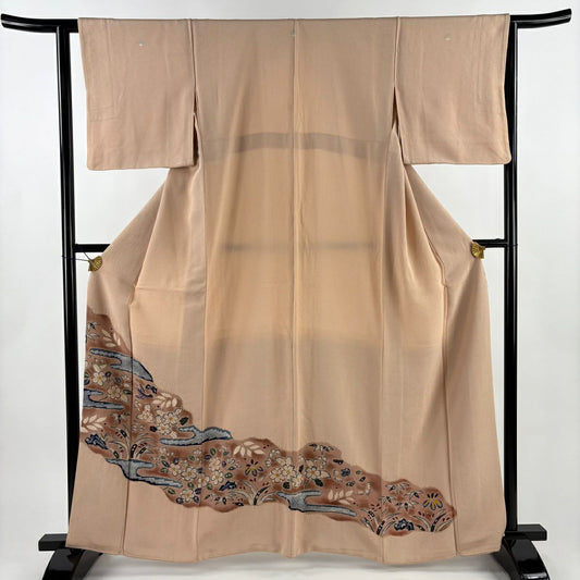 色留袖禮服 身長161.5cm 袖長63cm S 雙層 內襯棉仕立 辻花染 絞染 粉米色 純蠶絲 秀品級 三つ紋