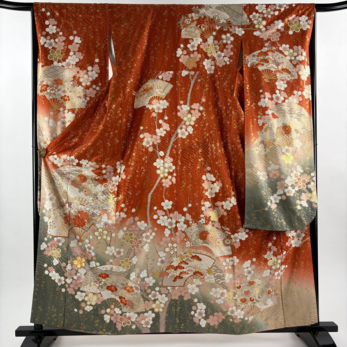 振袖禮服 身長160.5cm 袖長65.5cm M 雙層 花扇子 梅花 金銀彩 漸層 紅茶 純蠶絲 優品級