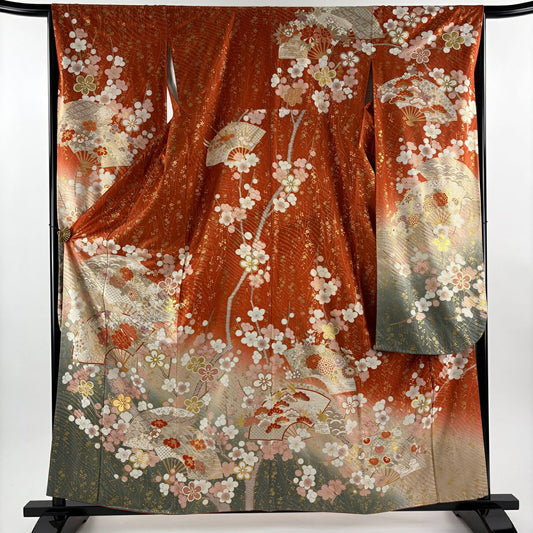 振袖禮服 身長160.5cm 袖長65.5cm M 雙層 花扇子 梅花 金銀彩 漸層 紅茶 純蠶絲 優品級