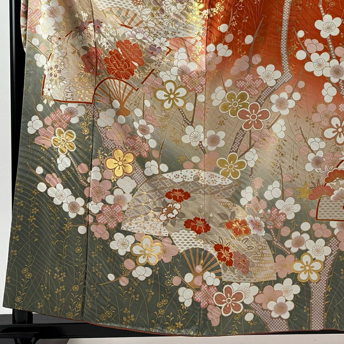 振袖禮服 身長160.5cm 袖長65.5cm M 雙層 花扇子 梅花 金銀彩 漸層 紅茶 純蠶絲 優品級