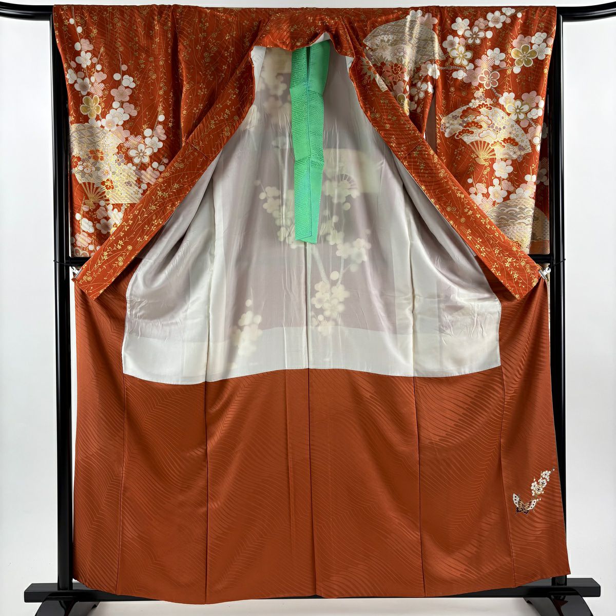 振袖禮服 身長160.5cm 袖長65.5cm M 雙層 花扇子 梅花 金銀彩 漸層 紅茶 純蠶絲 優品級