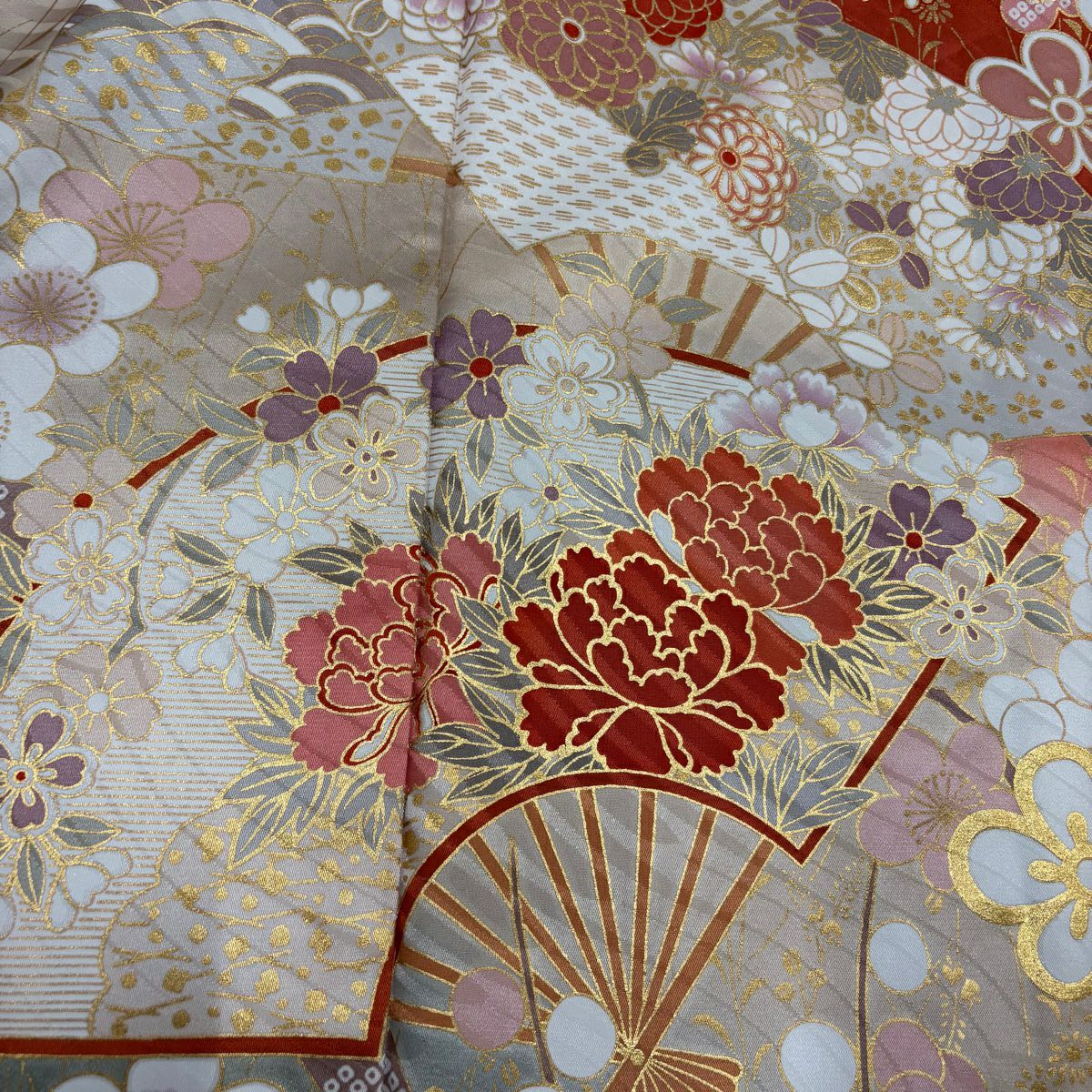 振袖禮服 身長160.5cm 袖長65.5cm M 雙層 花扇子 梅花 金銀彩 漸層 紅茶 純蠶絲 優品級