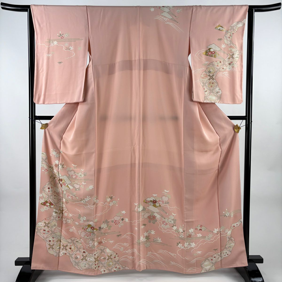 訪問服 身長163.5cm 袖長64cm M 雙層 扇子 格天井 金絲 金銀彩 粉紅 純蠶絲 秀品級