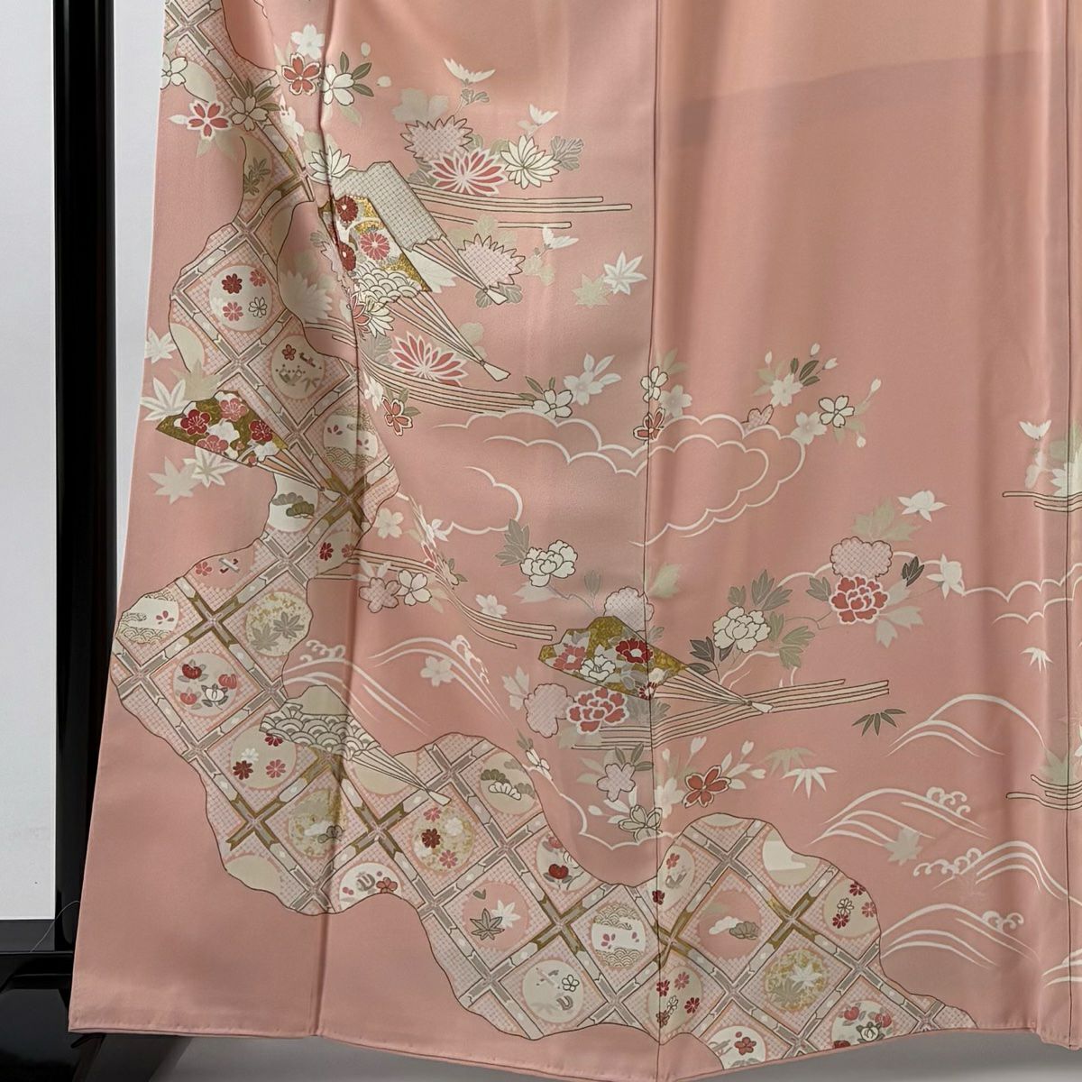 訪問服 身長163.5cm 袖長64cm M 雙層 扇子 格天井 金絲 金銀彩 粉紅 純蠶絲 秀品級