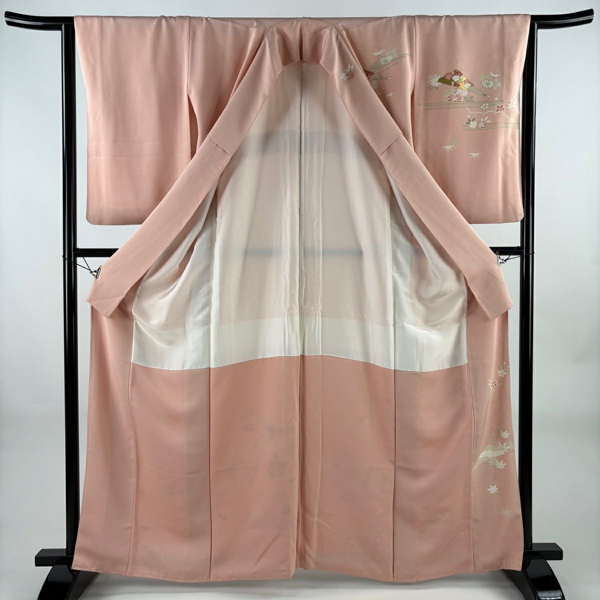 訪問服 身長163.5cm 袖長64cm M 雙層 扇子 格天井 金絲 金銀彩 粉紅 純蠶絲 秀品級