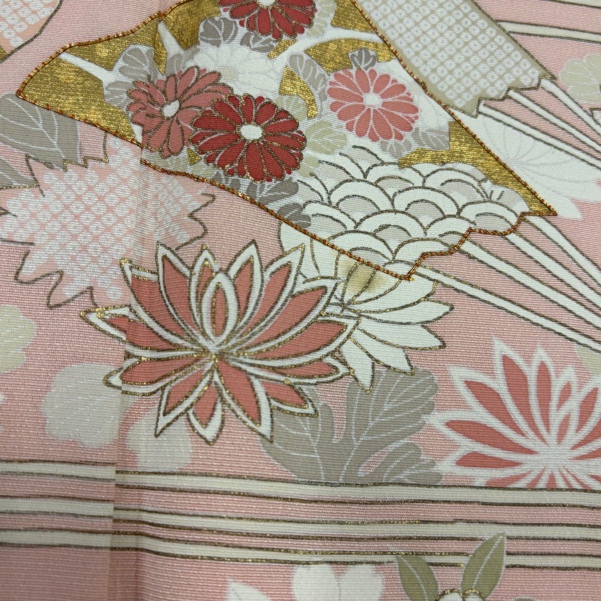 訪問服 身長163.5cm 袖長64cm M 雙層 扇子 格天井 金絲 金銀彩 粉紅 純蠶絲 秀品級