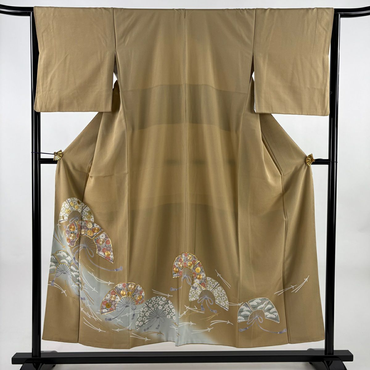 紅留袖禮服 身長152cm 袖長64.5cm M 雙層 扇子子 松樹竹子梅花 金絲 金銀彩 米色 純蠶絲 優品級