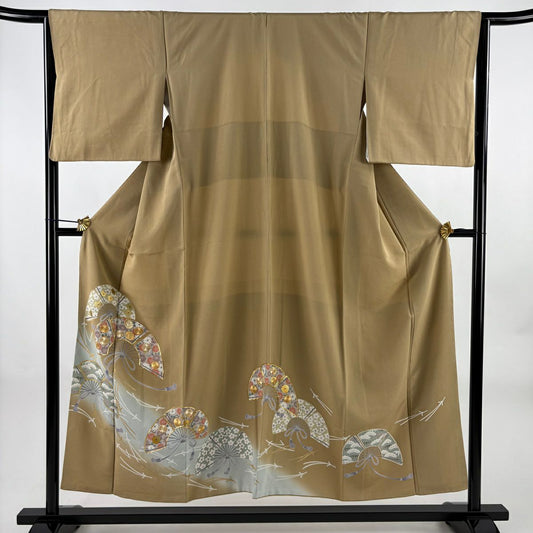 紅留袖禮服 身長152cm 袖長64.5cm M 雙層 扇子子 松樹竹子梅花 金絲 金銀彩 米色 純蠶絲 優品級