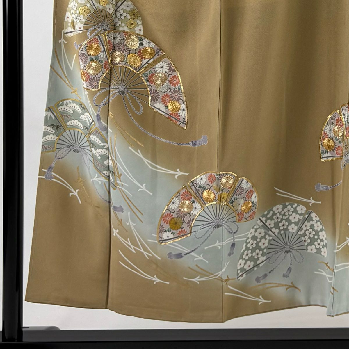 紅留袖禮服 身長152cm 袖長64.5cm M 雙層 扇子子 松樹竹子梅花 金絲 金銀彩 米色 純蠶絲 優品級
