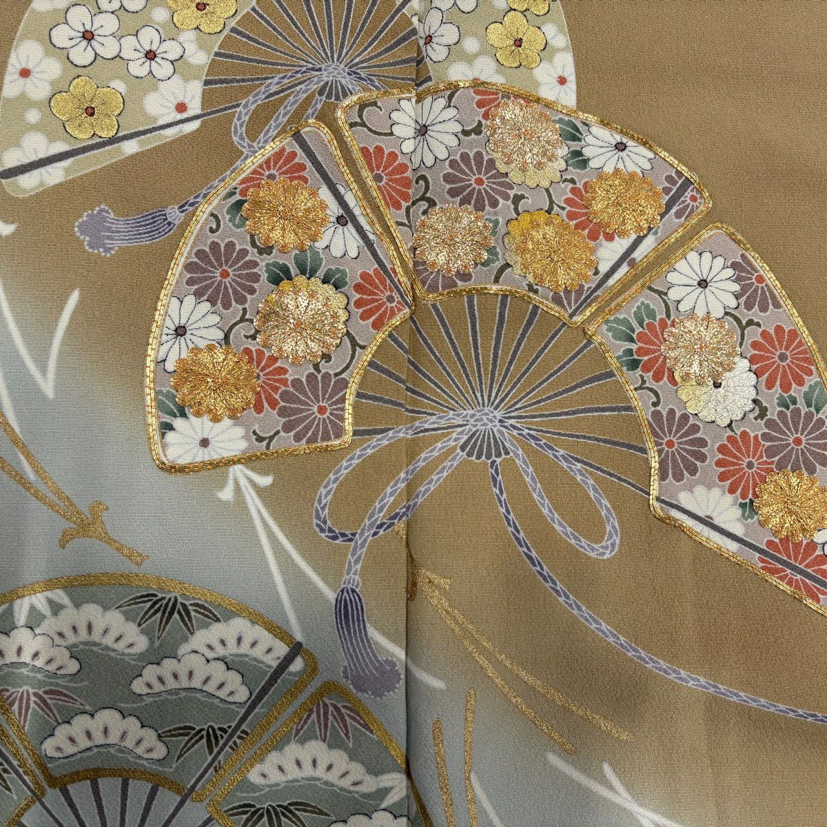 紅留袖禮服 身長152cm 袖長64.5cm M 雙層 扇子子 松樹竹子梅花 金絲 金銀彩 米色 純蠶絲 優品級