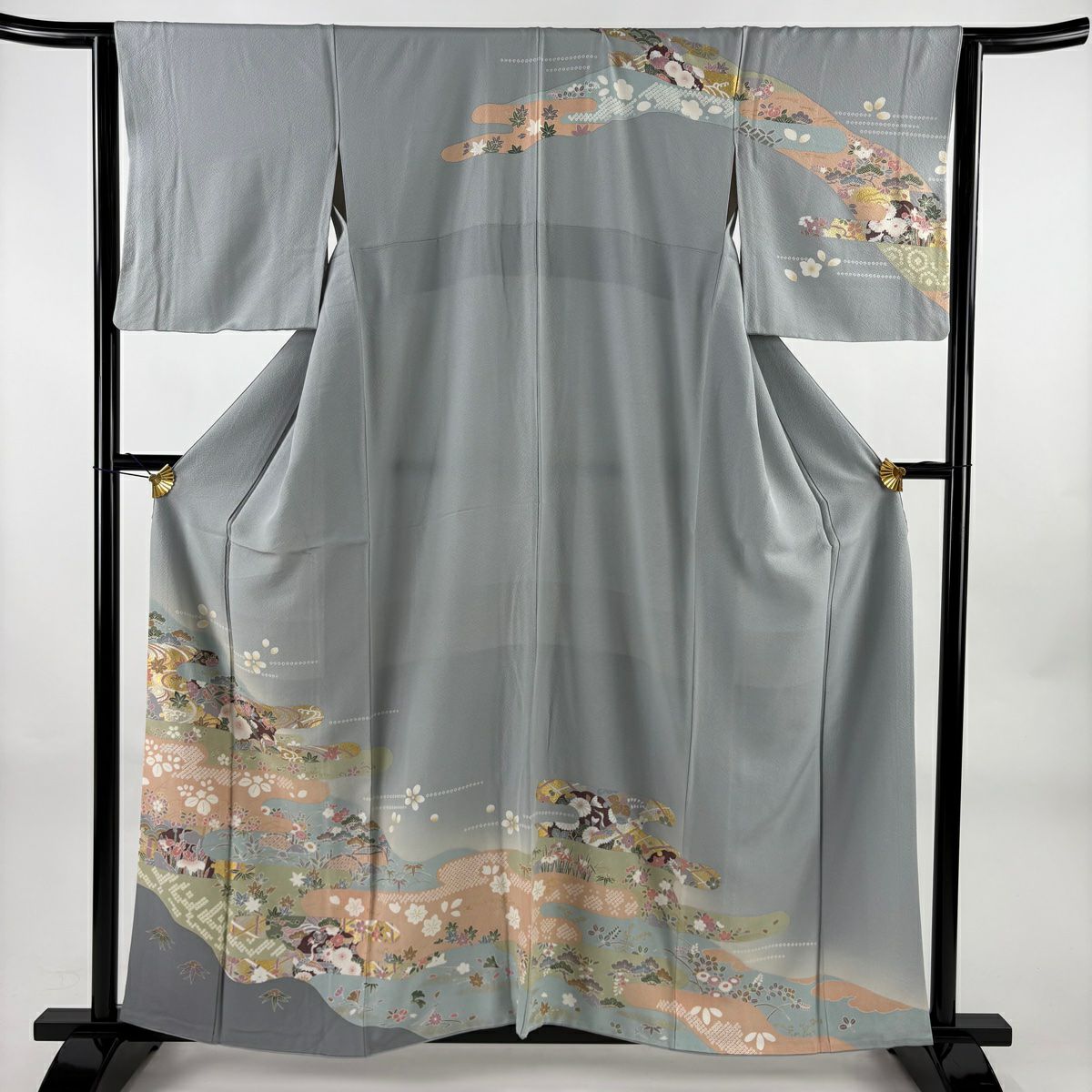 訪問服 身長158cm 袖長64.5cm M 雙層 霞 松樹竹子梅花 金銀彩 漸層 青灰 純蠶絲 優品級