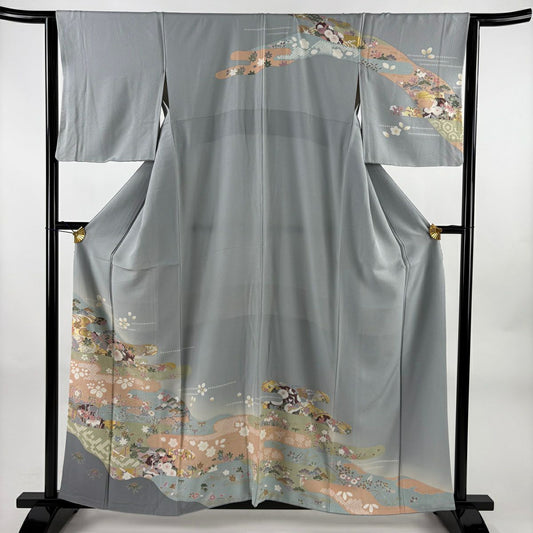 訪問服 身長158cm 袖長64.5cm M 雙層 霞 松樹竹子梅花 金銀彩 漸層 青灰 純蠶絲 優品級