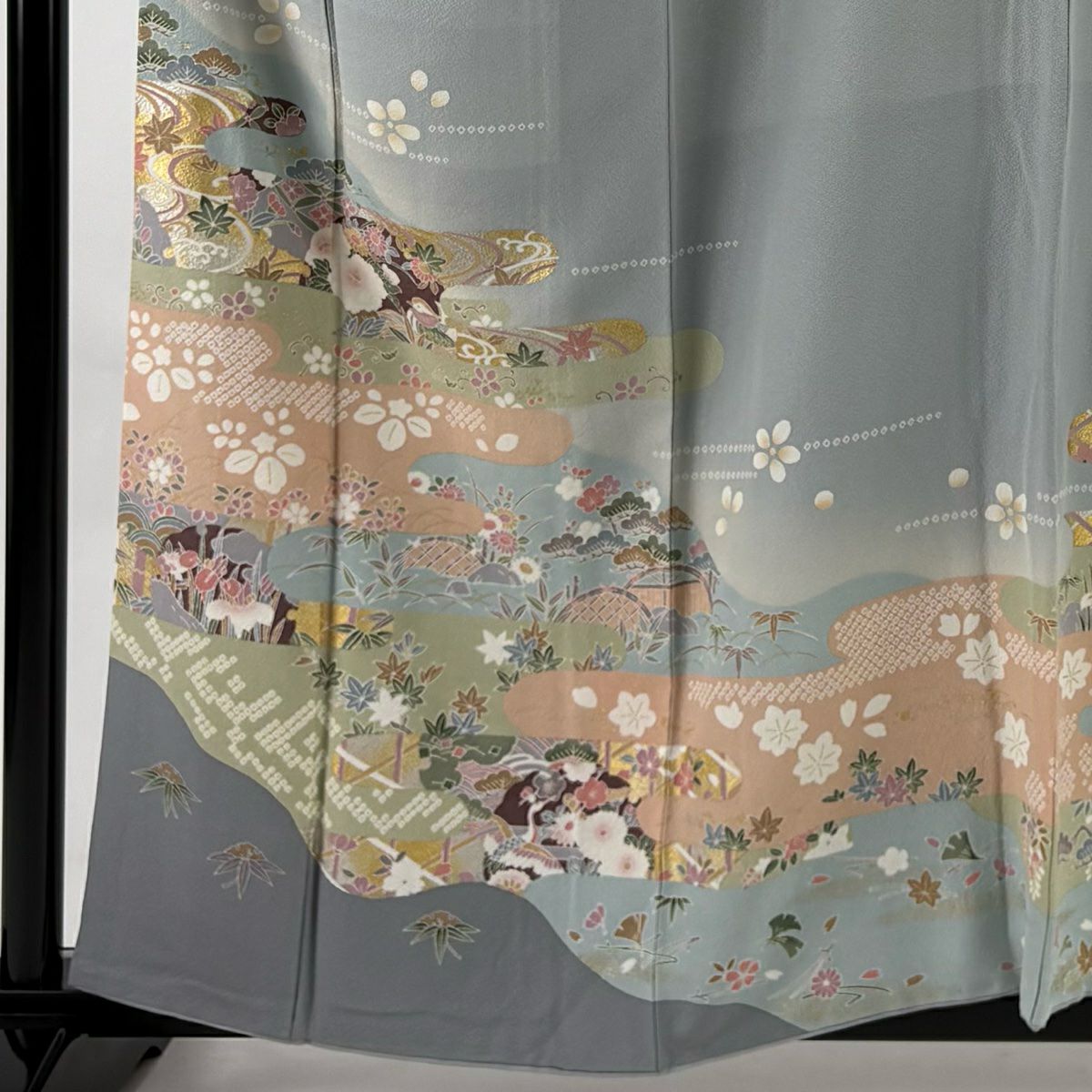 訪問服 身長158cm 袖長64.5cm M 雙層 霞 松樹竹子梅花 金銀彩 漸層 青灰 純蠶絲 優品級