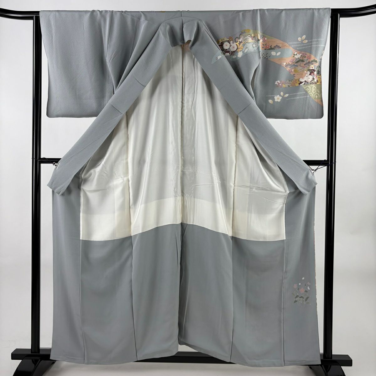 訪問服 身長158cm 袖長64.5cm M 雙層 霞 松樹竹子梅花 金銀彩 漸層 青灰 純蠶絲 優品級