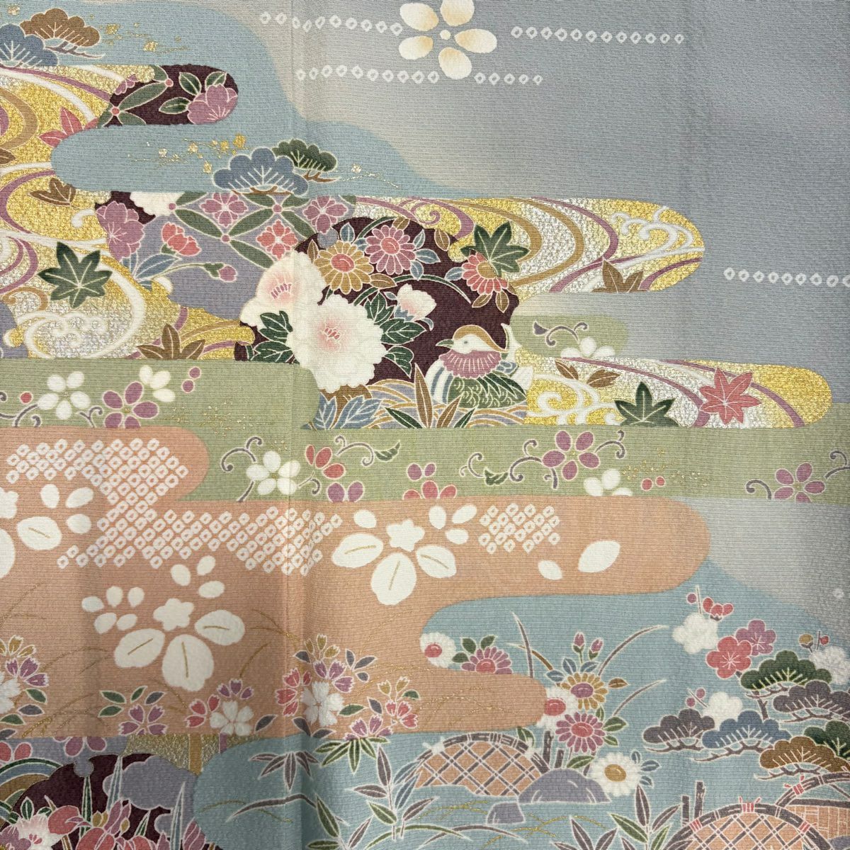 訪問服 身長158cm 袖長64.5cm M 雙層 霞 松樹竹子梅花 金銀彩 漸層 青灰 純蠶絲 優品級