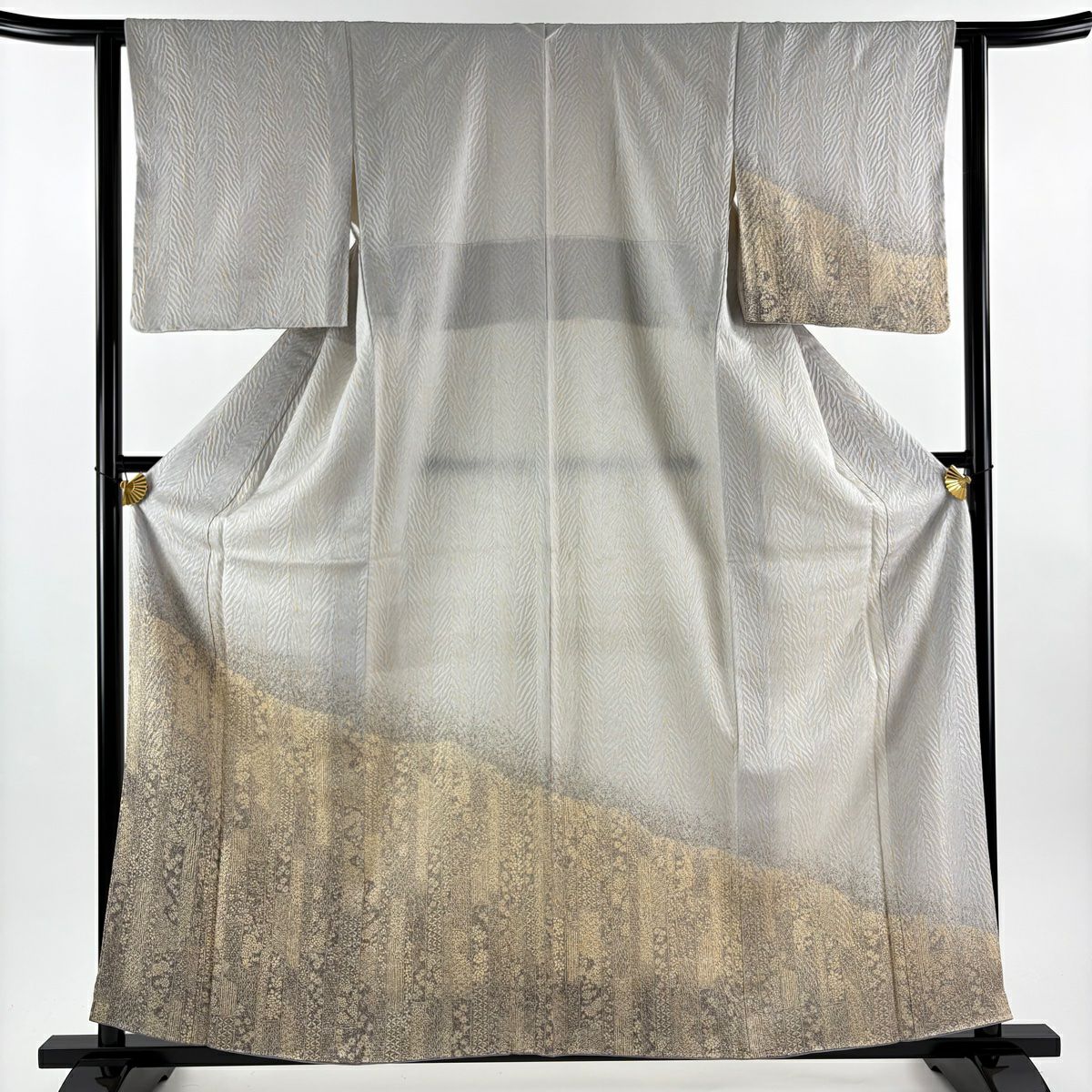 【美品】 付下 身長160cm 袖長62.5cm S 雙層 草花紋紋 竹子 絞染 灰色 純蠶絲 秀品級