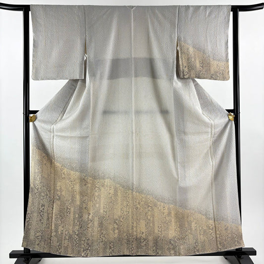 【美品】 付下 身長160cm 袖長62.5cm S 雙層 草花紋紋 竹子 絞染 灰色 純蠶絲 秀品級