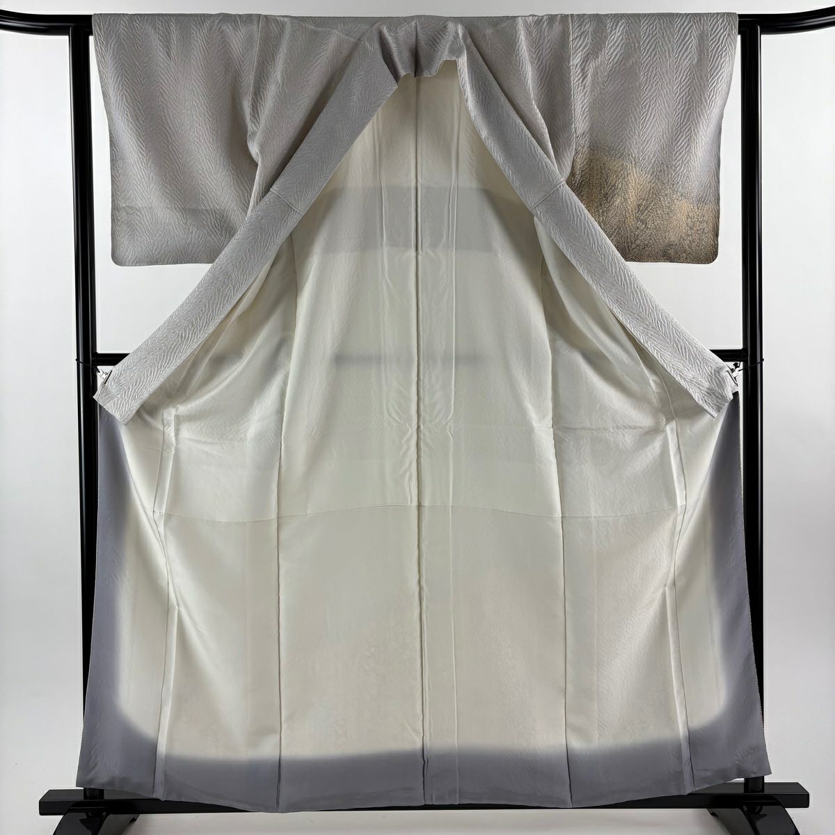 【美品】 付下 身長160cm 袖長62.5cm S 雙層 草花紋紋 竹子 絞染 灰色 純蠶絲 秀品級