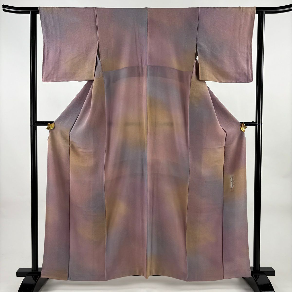 【美品】 小紋 身長161cm 袖長63cm S 雙層 斉藤三才 落款あり 漸層圖案 絞織 灰紫 純蠶絲 秀品級