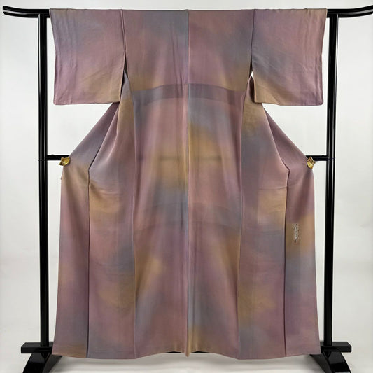 【美品】 小紋 身長161cm 袖長63cm S 雙層 斉藤三才 落款あり 漸層圖案 絞織 灰紫 純蠶絲 秀品級