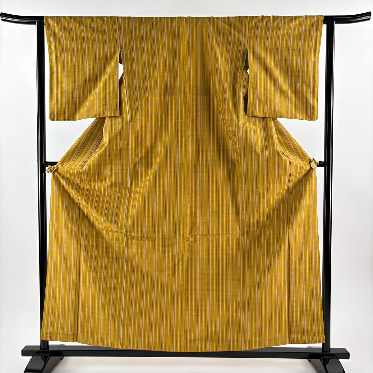 【美品】 紬織 身長159cm 袖長62.5cm S 雙層 黃八丈 證書齊全 格子 平織 山吹茶 純蠶絲 逸品級