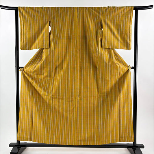 【美品】 紬織 身長159cm 袖長62.5cm S 雙層 黃八丈 證書齊全 格子 平織 山吹茶 純蠶絲 逸品級