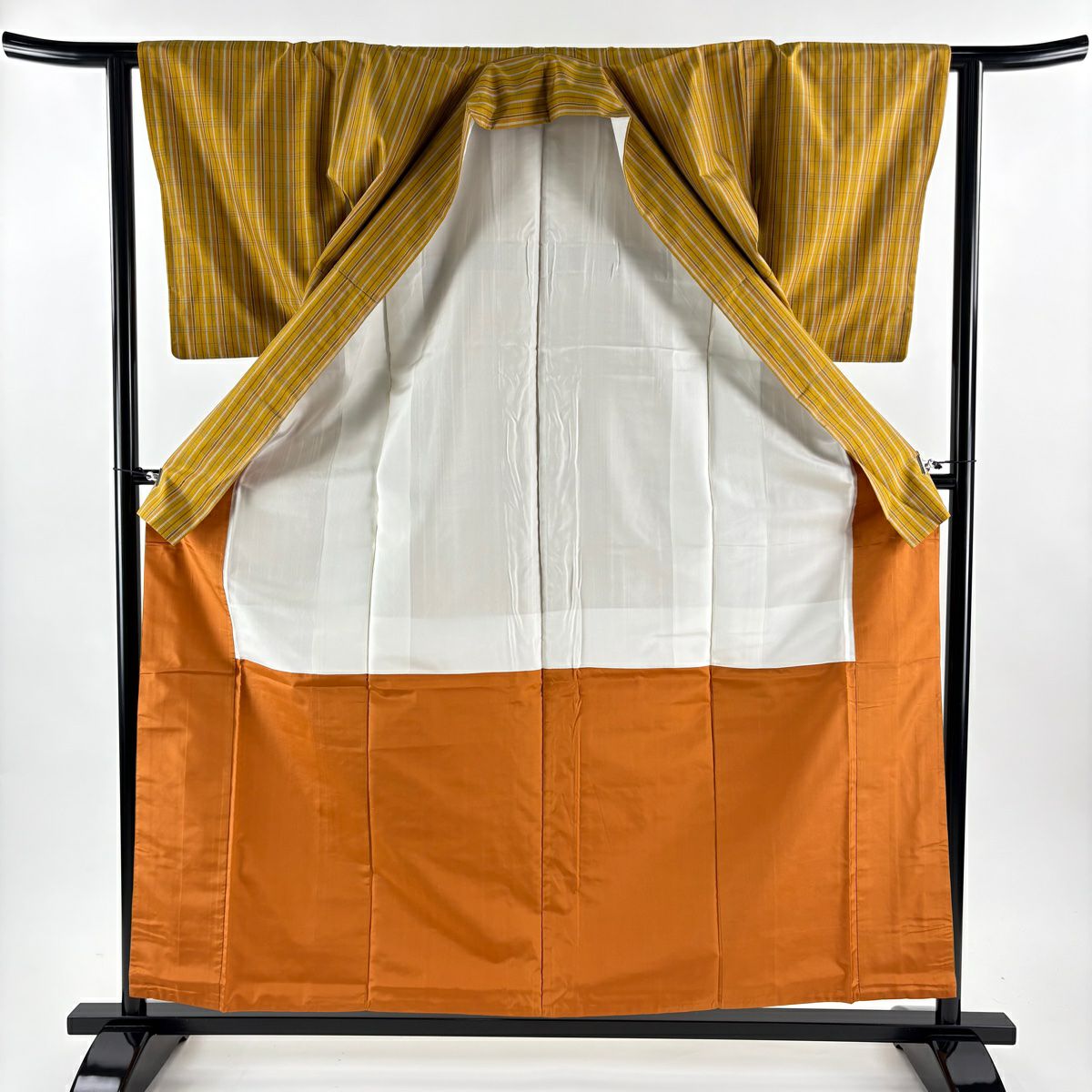 【美品】 紬織 身長159cm 袖長62.5cm S 雙層 黃八丈 證書齊全 格子 平織 山吹茶 純蠶絲 逸品級