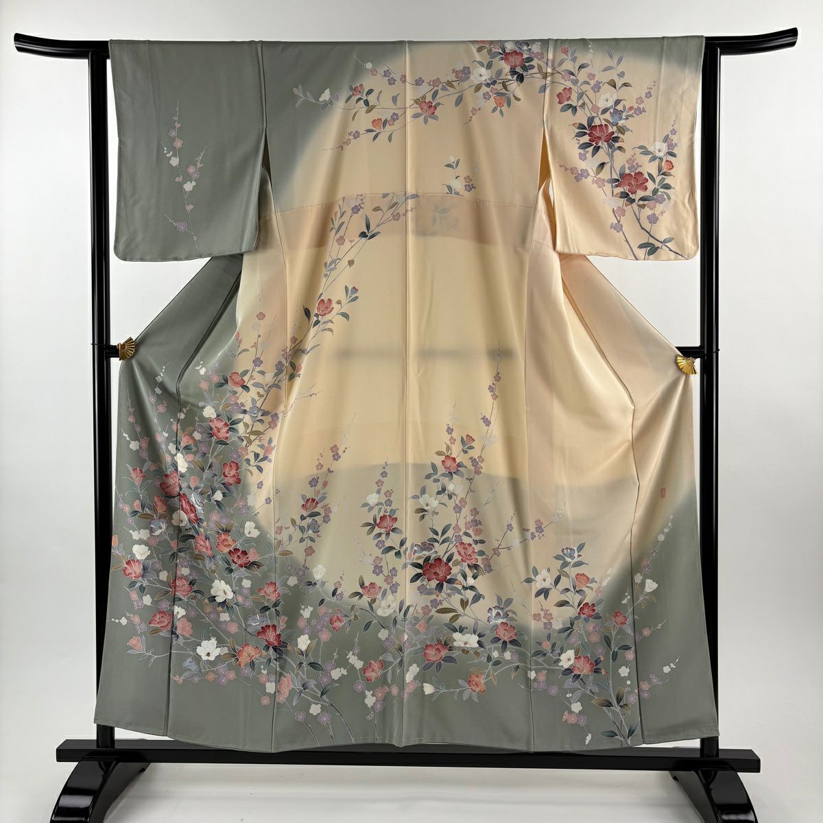 訪問服 身長156cm 袖長64.5cm M 雙層 落款有 椿 枝梅花 染分 灰綠 純蠶絲 逸品級
