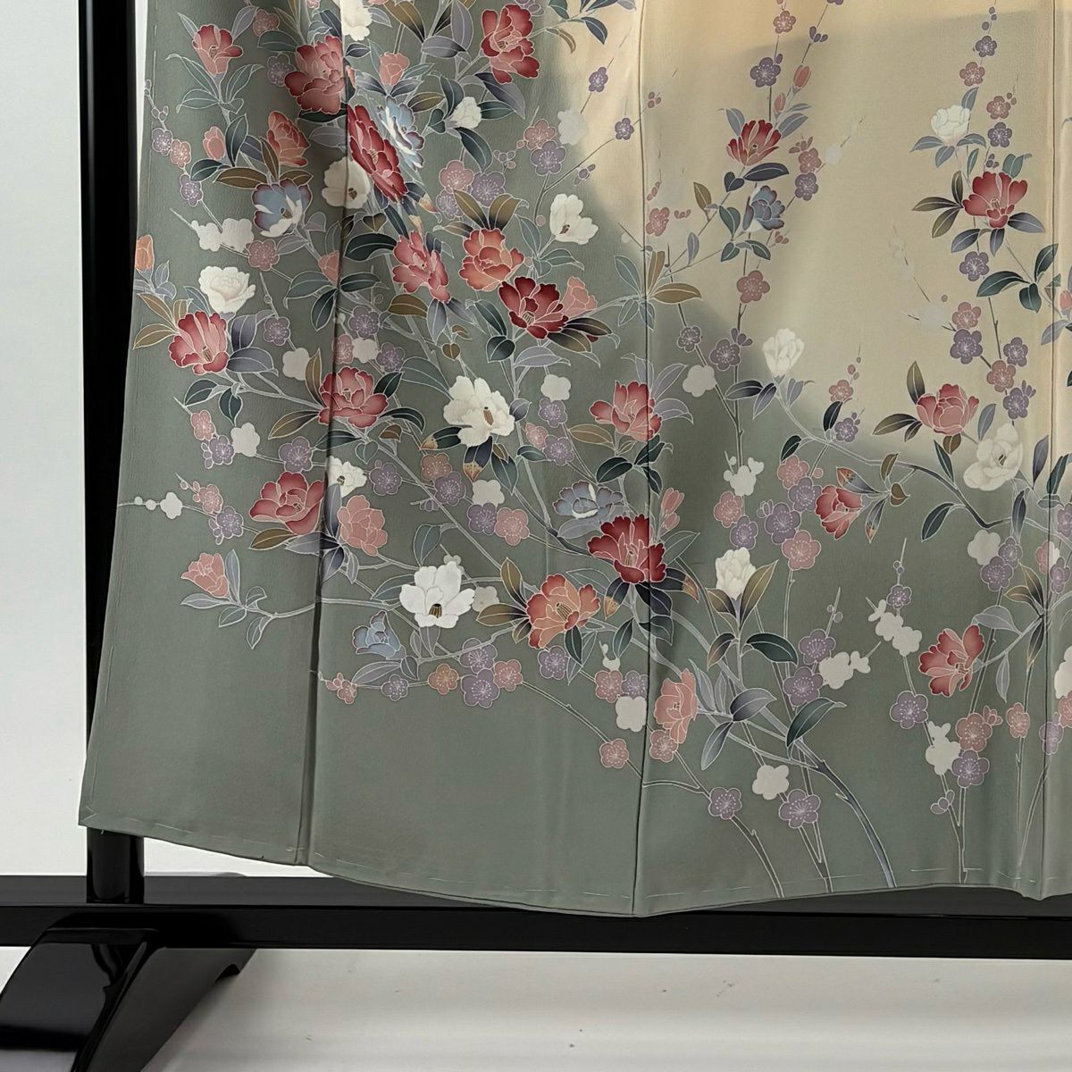 訪問服 身長156cm 袖長64.5cm M 雙層 落款有 椿 枝梅花 染分 灰綠 純蠶絲 逸品級