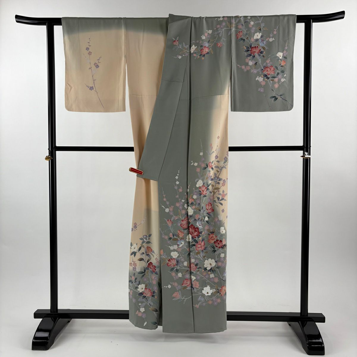 訪問服 身長156cm 袖長64.5cm M 雙層 落款有 椿 枝梅花 染分 灰綠 純蠶絲 逸品級
