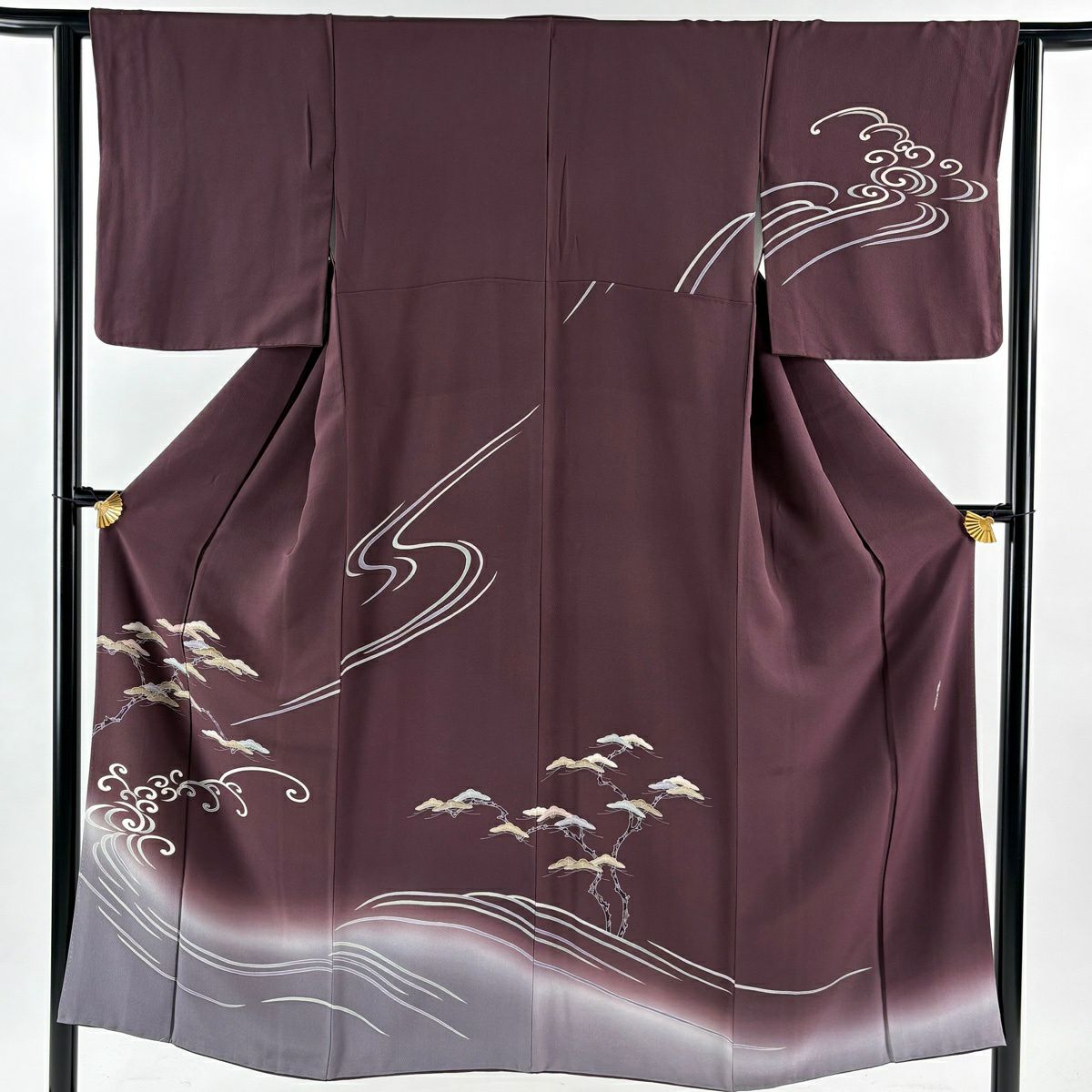訪問服 身長150cm 袖長62cm S 雙層 上野街子 精染居 落款あり 笠松樹 波 辨染 紅紫 純蠶絲 逸品級