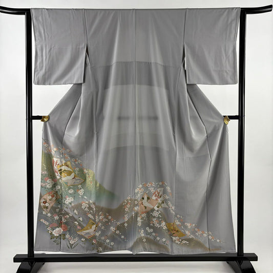 灰色留袖禮服 身長155cm 袖長63.5cm S 雙層 仙鶴 草花紋 金絲 金銀彩 純蠶絲 秀品級