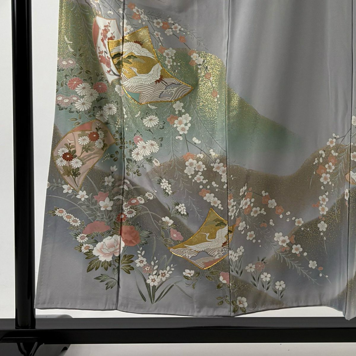 灰色留袖禮服 身長155cm 袖長63.5cm S 雙層 仙鶴 草花紋 金絲 金銀彩 純蠶絲 秀品級