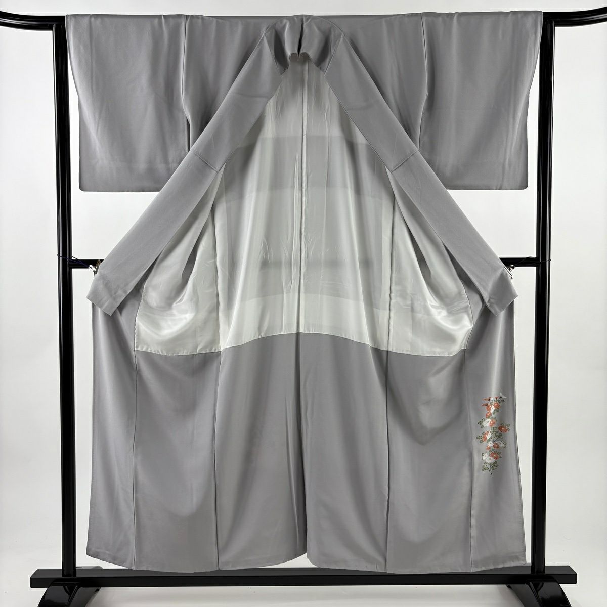 灰色留袖禮服 身長155cm 袖長63.5cm S 雙層 仙鶴 草花紋 金絲 金銀彩 純蠶絲 秀品級