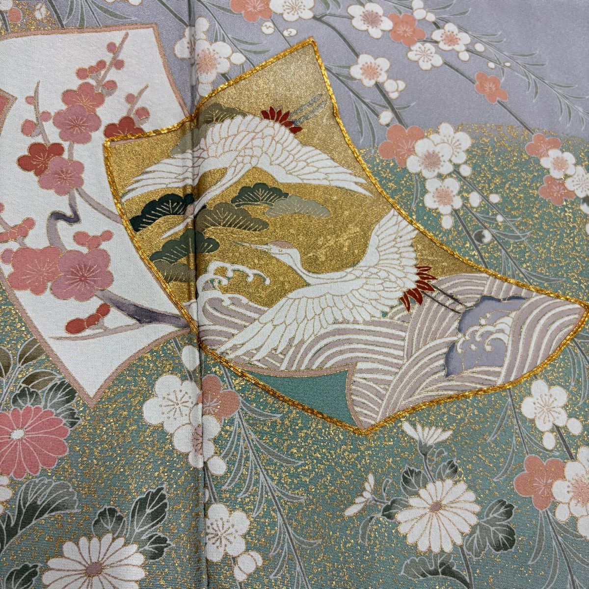 灰色留袖禮服 身長155cm 袖長63.5cm S 雙層 仙鶴 草花紋 金絲 金銀彩 純蠶絲 秀品級