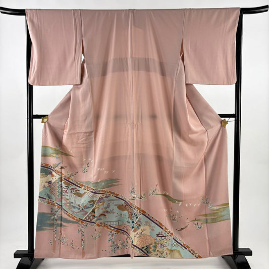 色留袖禮服 身長159cm 袖長66cm M 雙層 風景 建物 金絲 金銀彩 粉紅 純蠶絲 秀品級 一個紋