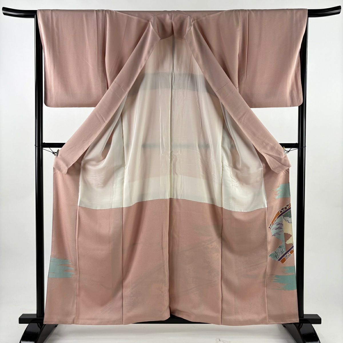 色留袖禮服 身長159cm 袖長66cm M 雙層 風景 建物 金絲 金銀彩 粉紅 純蠶絲 秀品級 一個紋