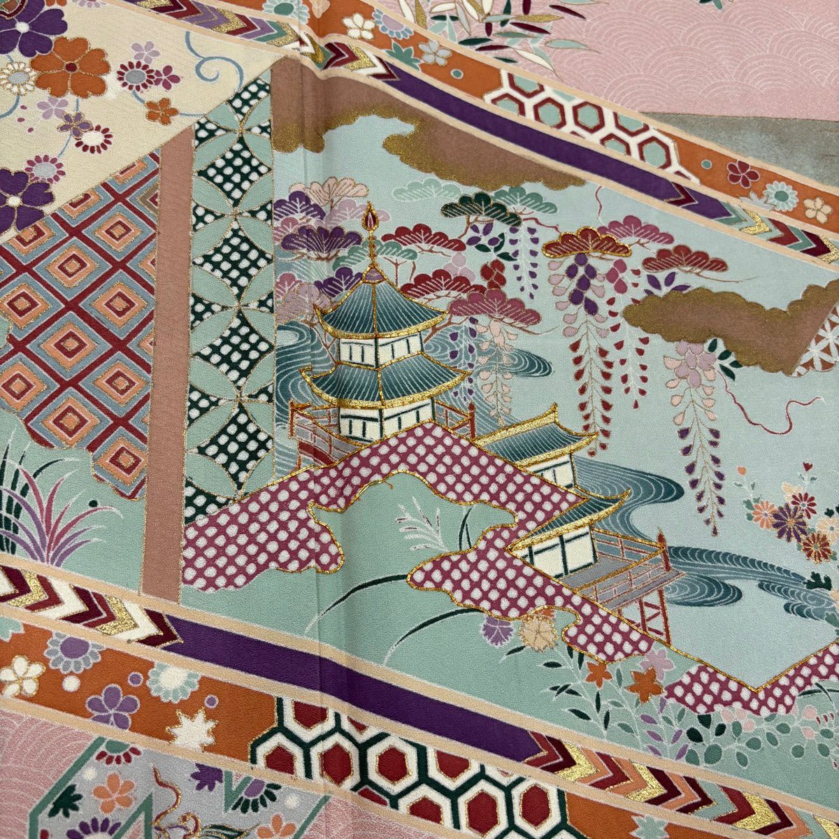 色留袖禮服 身長159cm 袖長66cm M 雙層 風景 建物 金絲 金銀彩 粉紅 純蠶絲 秀品級 一個紋