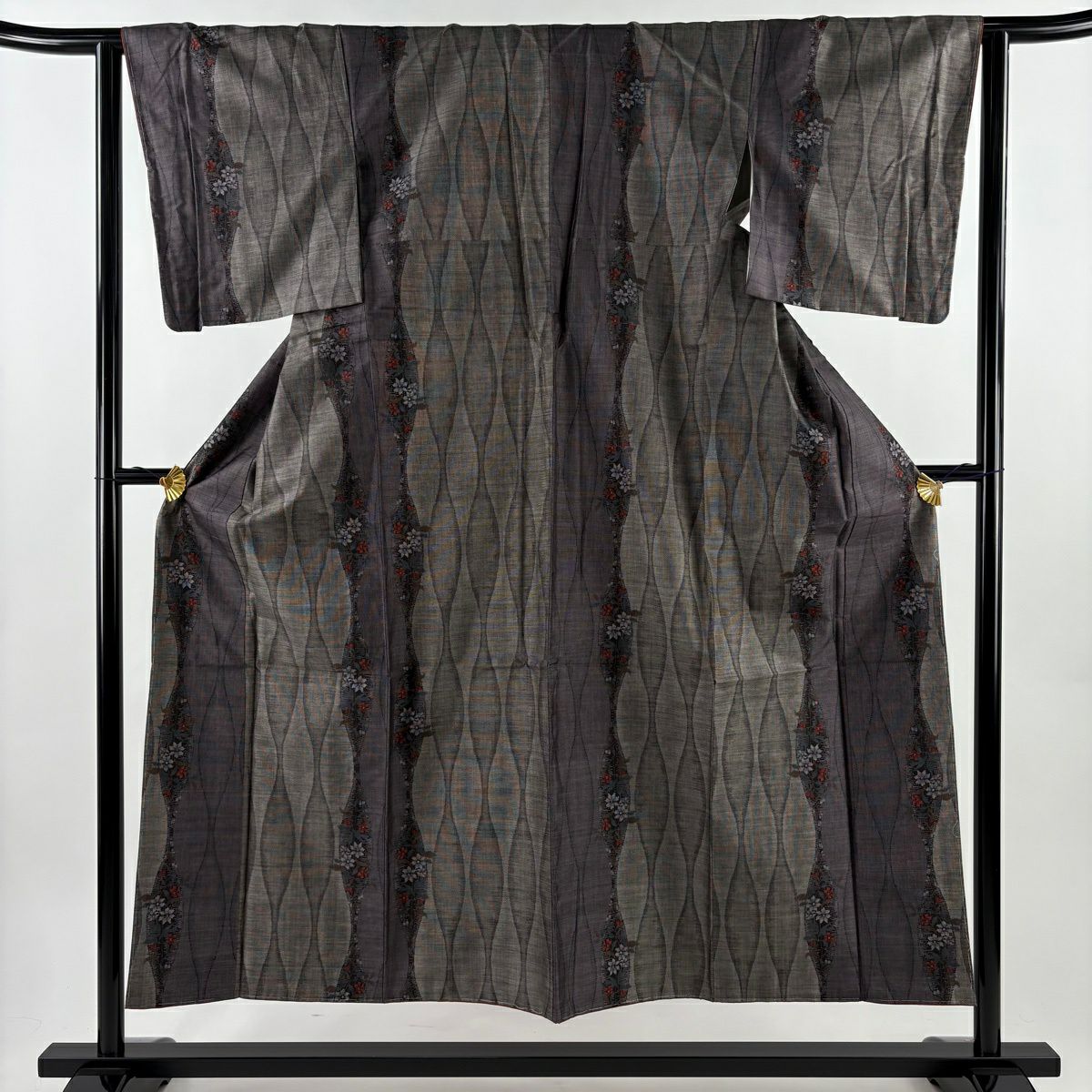 【美品】 紬織 身長152cm 袖長63cm S 雙層 草花紋紋 立涌 灰茶 純蠶絲 秀品級