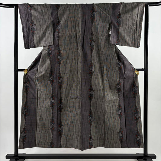 【美品】 紬織 身長152cm 袖長63cm S 雙層 草花紋紋 立涌 灰茶 純蠶絲 秀品級