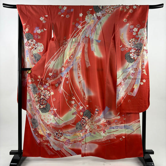 振袖禮服 身長162cm 袖長69cm L 雙層 梅花 熨斗紋 金銀彩 金絲 茜 純蠶絲 秀品級