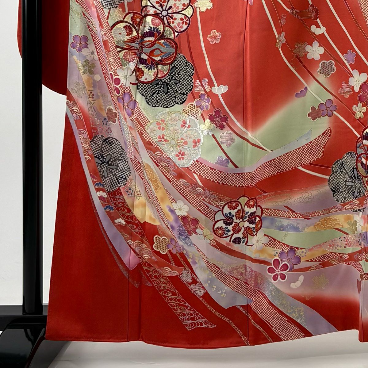 振袖禮服 身長162cm 袖長69cm L 雙層 梅花 熨斗紋 金銀彩 金絲 茜 純蠶絲 秀品級