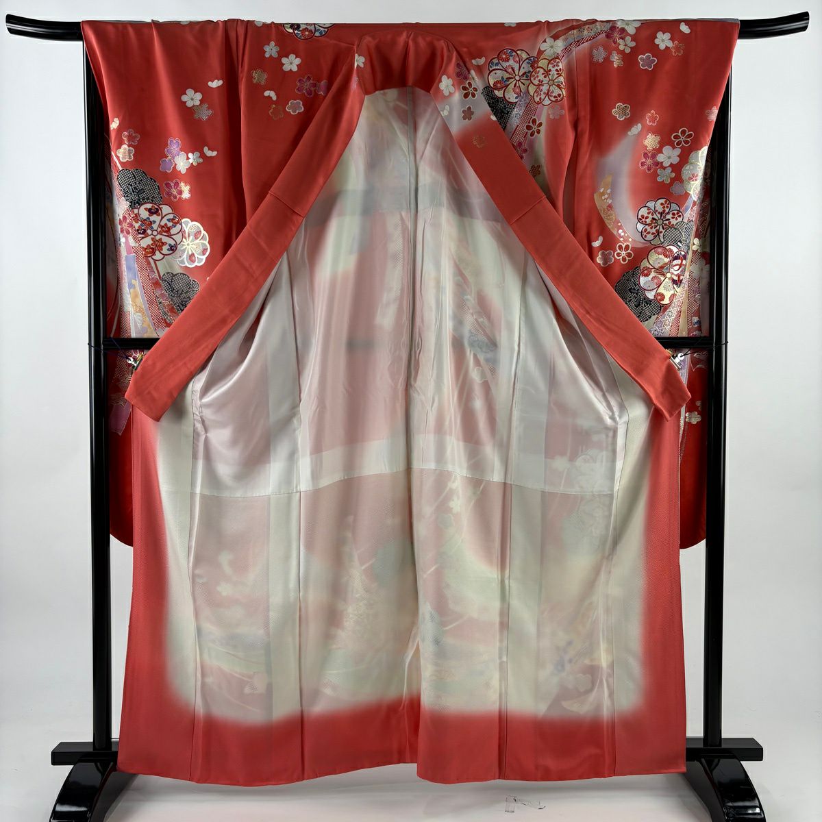 振袖禮服 身長162cm 袖長69cm L 雙層 梅花 熨斗紋 金銀彩 金絲 茜 純蠶絲 秀品級