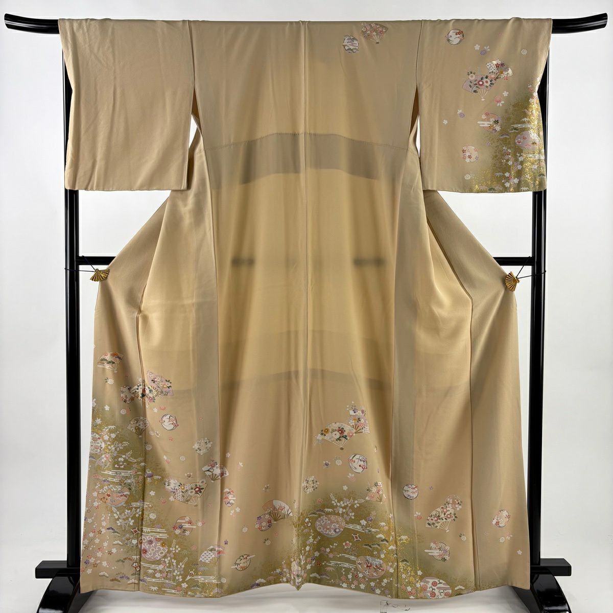 訪問服 身長162cm 袖長68.5cm L 雙層 扇子 松樹竹子梅花 金絲 金銀彩 米色 純蠶絲 優品級