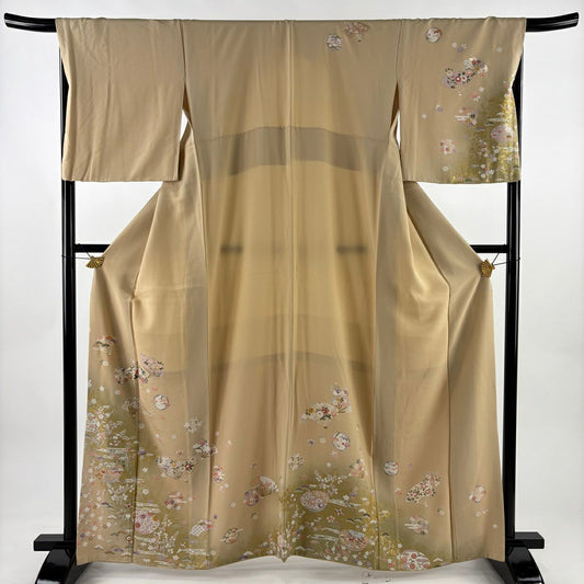 訪問服 身長162cm 袖長68.5cm L 雙層 扇子 松樹竹子梅花 金絲 金銀彩 米色 純蠶絲 優品級