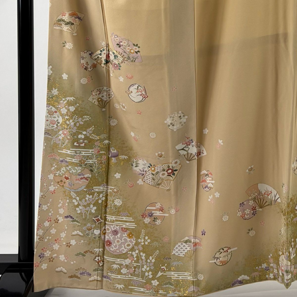 訪問服 身長162cm 袖長68.5cm L 雙層 扇子 松樹竹子梅花 金絲 金銀彩 米色 純蠶絲 優品級
