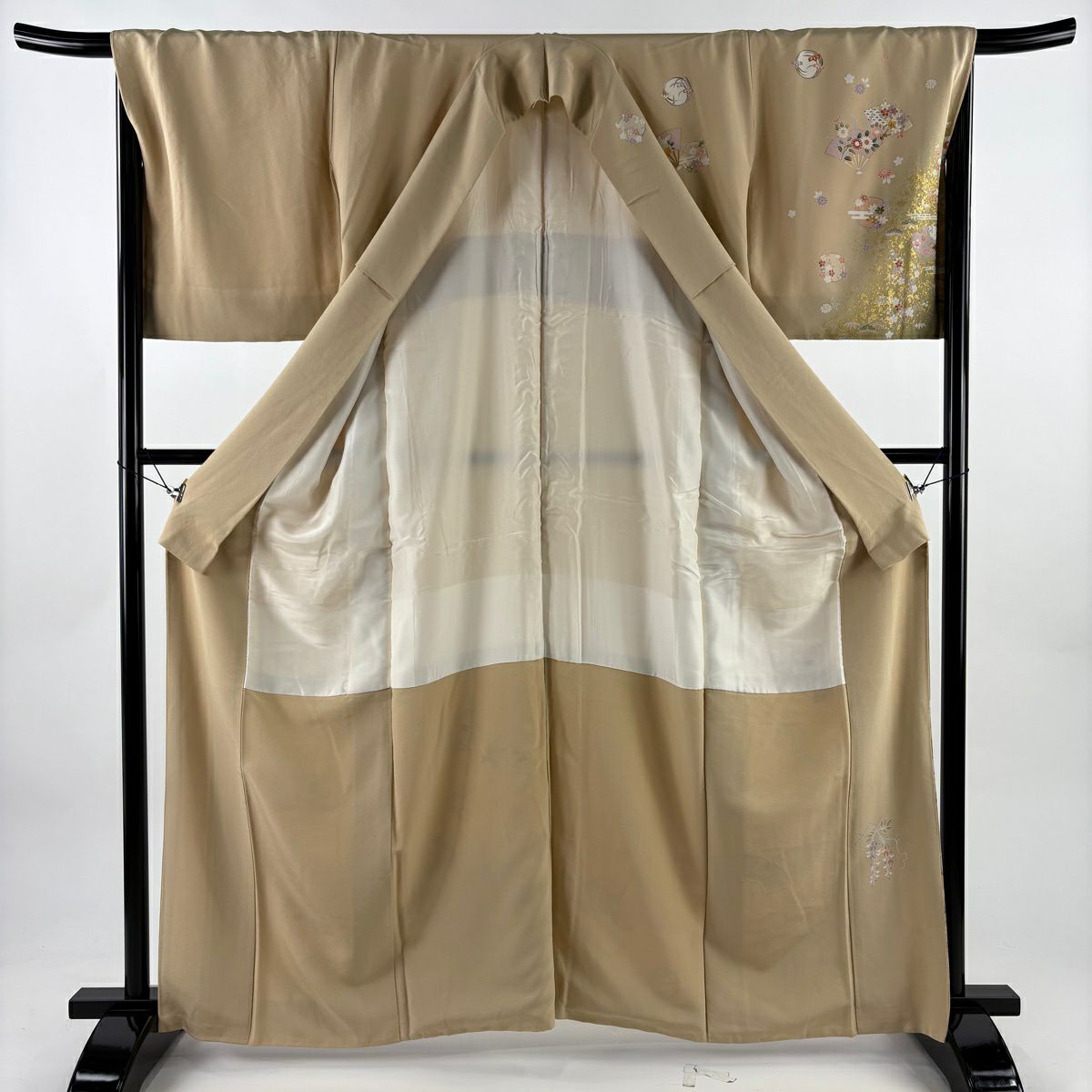 訪問服 身長162cm 袖長68.5cm L 雙層 扇子 松樹竹子梅花 金絲 金銀彩 米色 純蠶絲 優品級